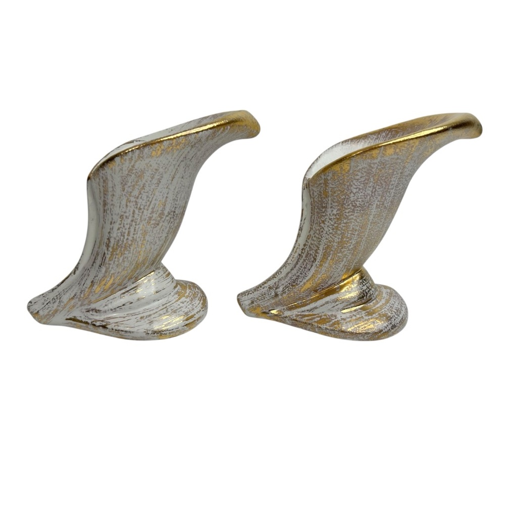 Vintage Ceramic Gold Brushed Cala Lily Horn Cornucopia Candlestick Holders